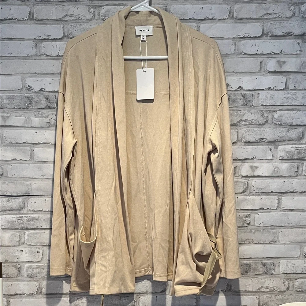 Heyson Beige Open Front Cardigan pockets adjustable runching front sweater top